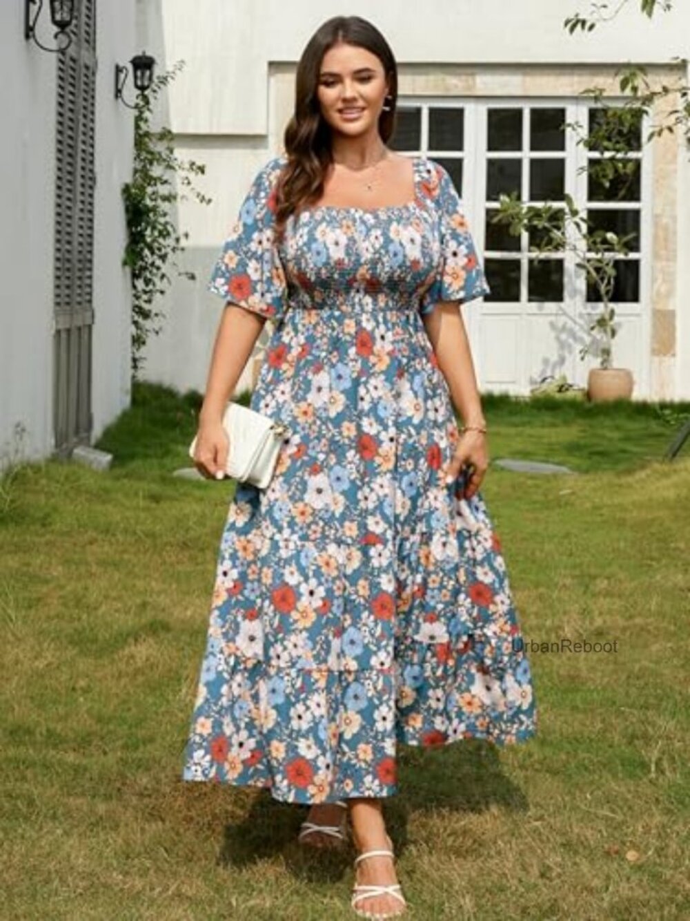 Plus Size Short Sleeve Smocked Boho Maxi Dress Summer